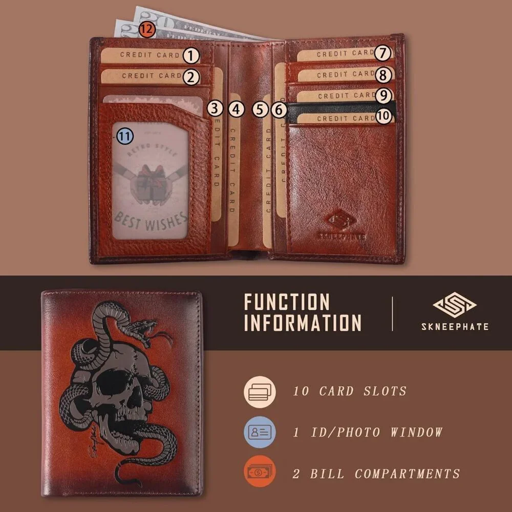Men's Brown Bi Fold,skull Vertical,rfid Blocking Retro Skull Wallet Leather